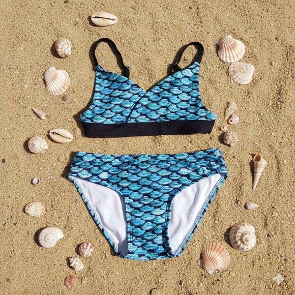 Fin Fun Mermaidens Girl's Size M Teal Mermaid Scale Print Bikini Swimsuit - Picture 1 of 9
